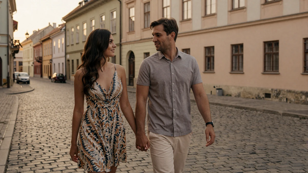 Western man and Romanian woman Diana on romantic date in Bucharest Old Town demonstrating traditional courtship customs