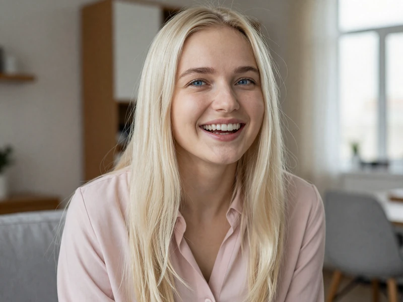 Belarusian woman with genuine joyful smile in comfortable home setting representing the optimistic and warm personality traits of Belarus brides